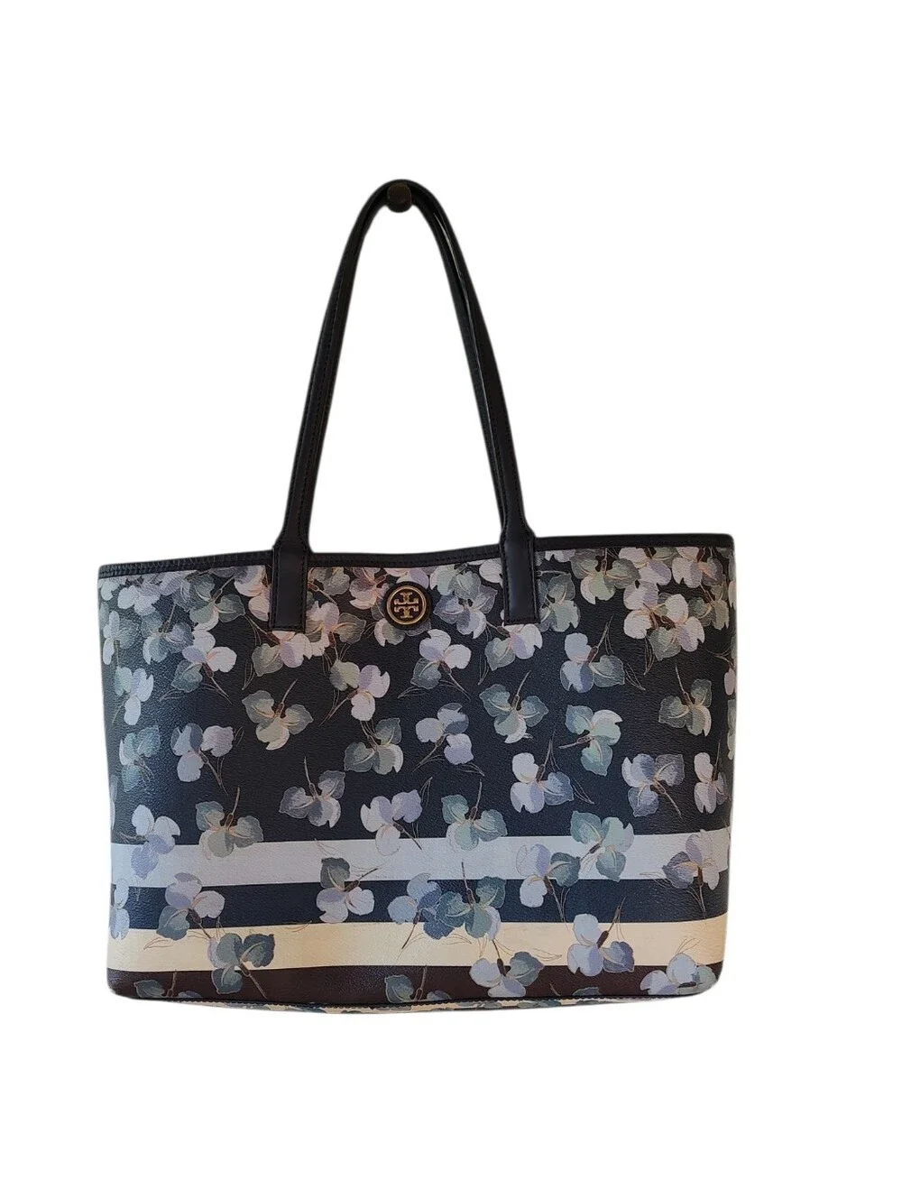 Tory Burch Navy Floral Stripe Large Tote with Gold Logo